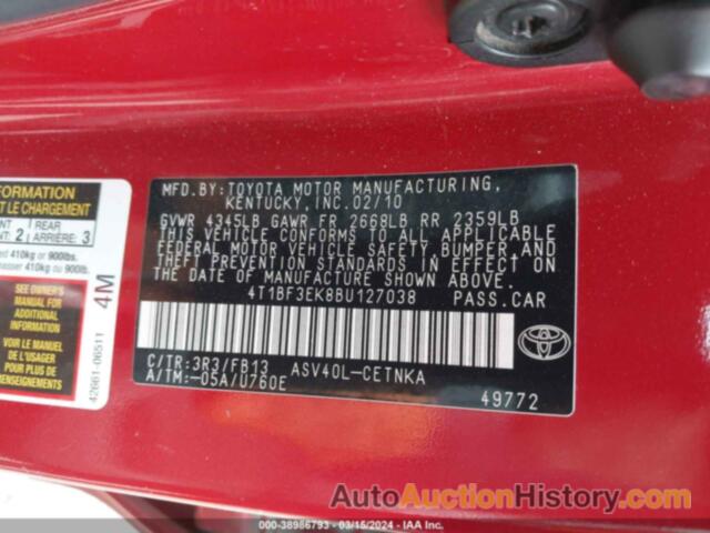 TOYOTA CAMRY SE/LE/XLE, 4T1BF3EK8BU127038