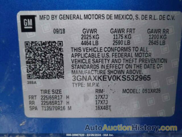 CHEVROLET EQUINOX LT, 3GNAXKEV0KS532965