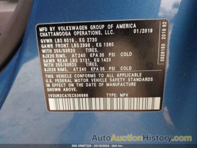 VOLKSWAGEN ATLAS 3.6L V6 SE W/TECHNOLOGY, 1V2UR2CA7KC536886