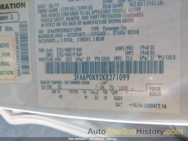 FORD FUSION TITANIUM, 3FA6P0K92KR271099