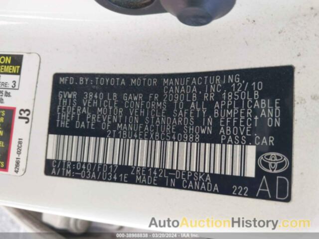 TOYOTA COROLLA S, 2T1BU4EEXBC540988