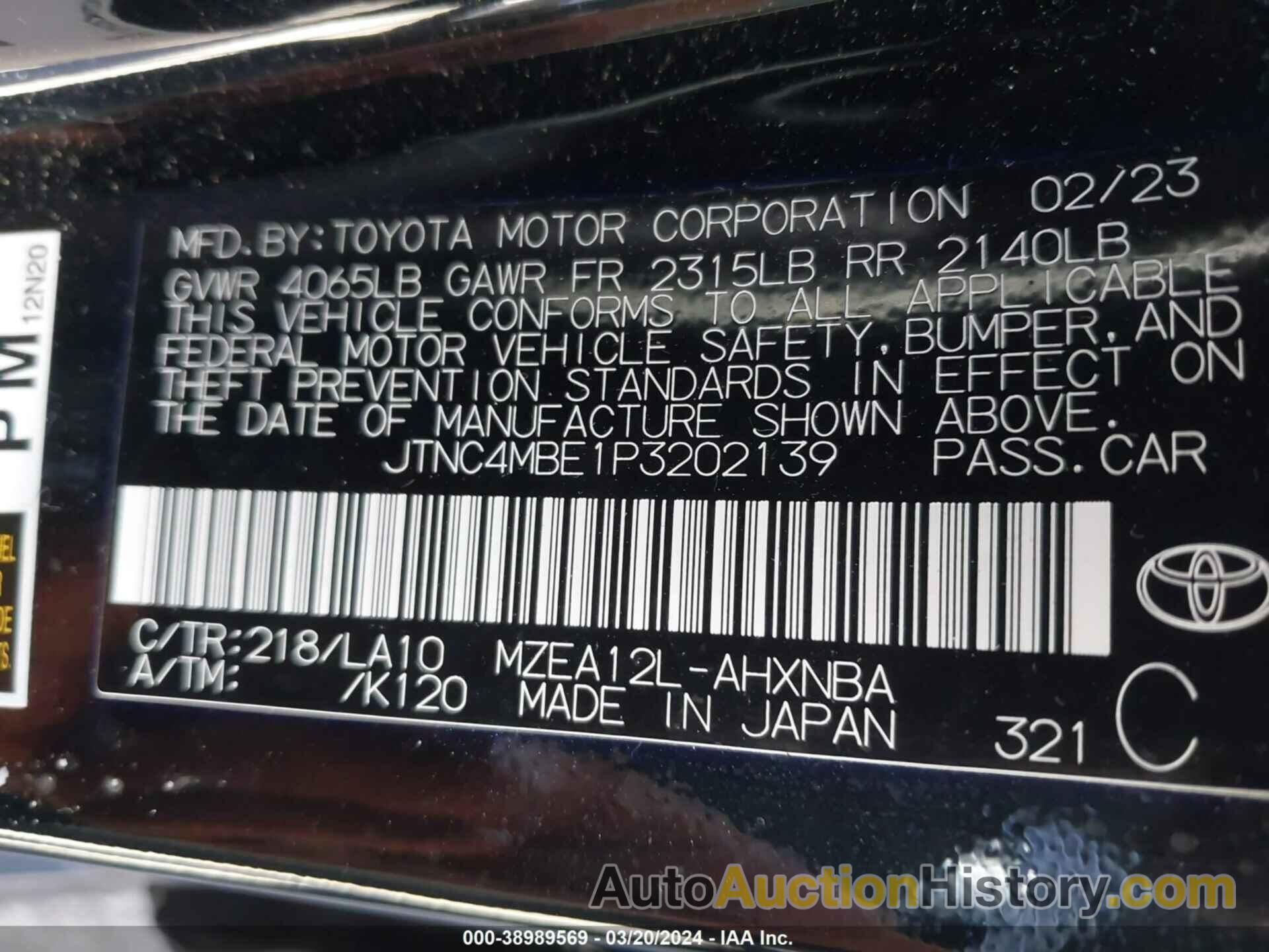 TOYOTA COROLLA XSE, JTNC4MBE1P3202139