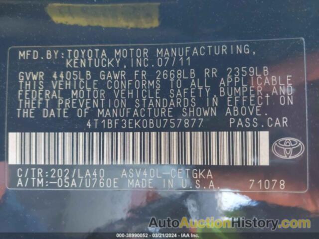 TOYOTA CAMRY SE/LE/XLE, 4T1BF3EK0BU757877