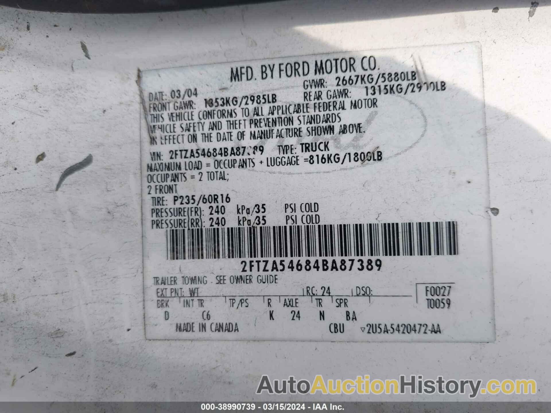 FORD FREESTAR, 2FTZA54684BA87389