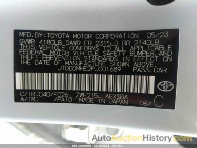 TOYOTA COROLLA HYBRID SE INFRARED, JTDBDMHE2PJ001689