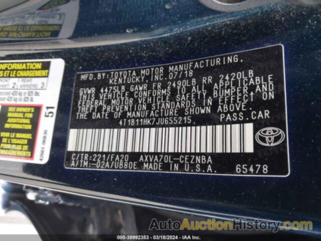 TOYOTA CAMRY LE, 4T1B11HK7JU655215