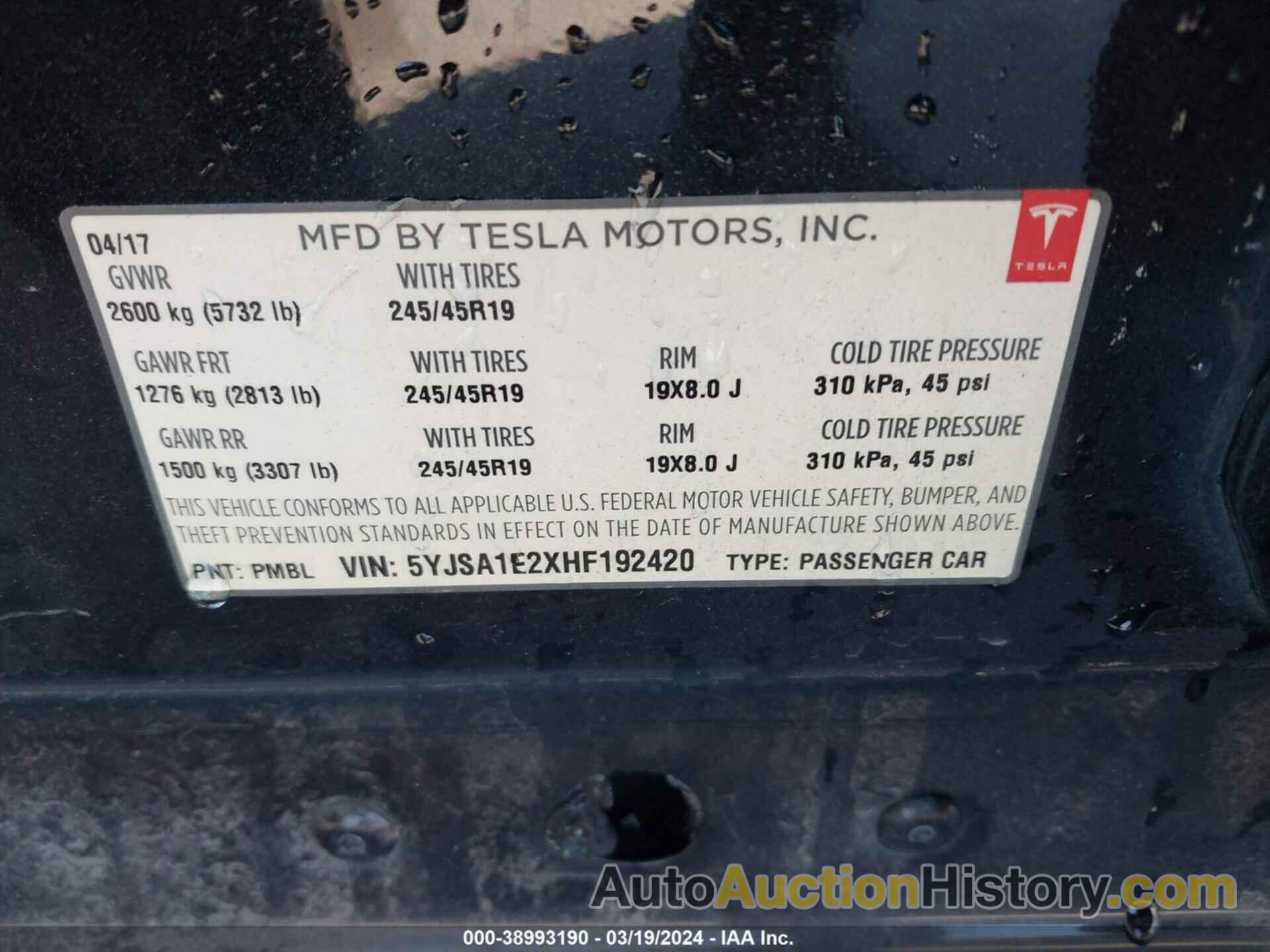 TESLA MODEL S 100D/60D/75D/90D/P100D, 5YJSA1E2XHF192420