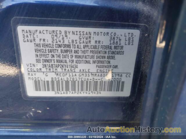 NISSAN SENTRA SV, 3N1AB7AP2KY419434