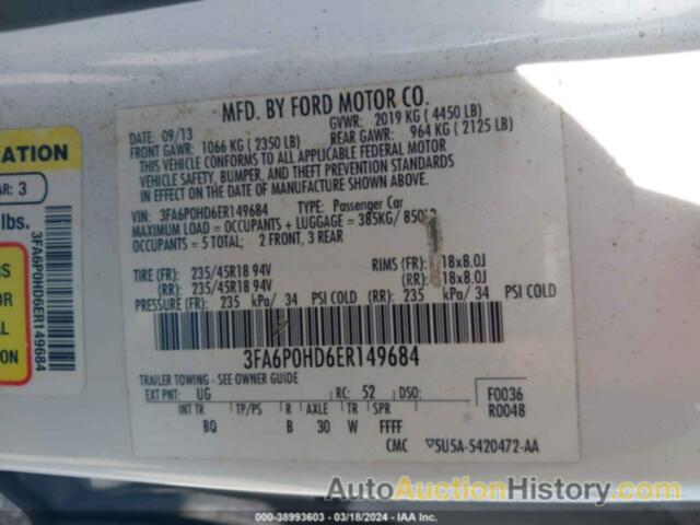 FORD FUSION SE, 3FA6P0HD6ER149684