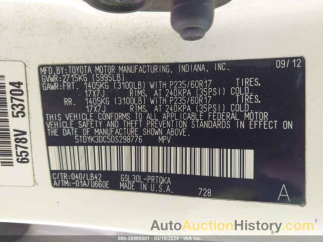 TOYOTA SIENNA XLE V6 8 PASSENGER, 5TDYK3DC5DS298776