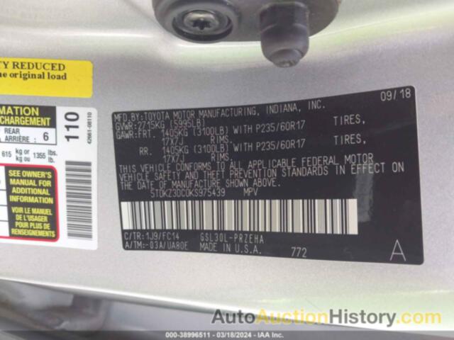 TOYOTA SIENNA LE 8 PASSENGER, 5TDKZ3DC0KS975439