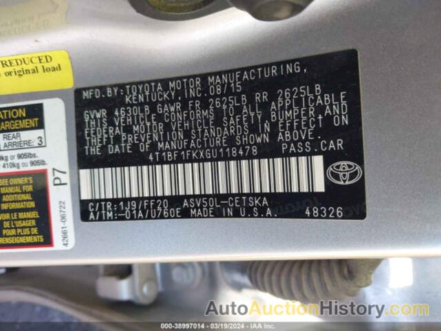 TOYOTA CAMRY LE/XLE/SE/XSE, 4T1BF1FKXGU118478