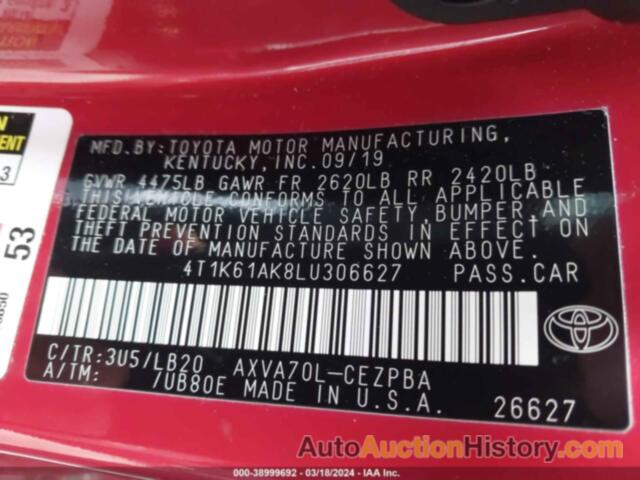 TOYOTA CAMRY XSE, 4T1K61AK8LU306627