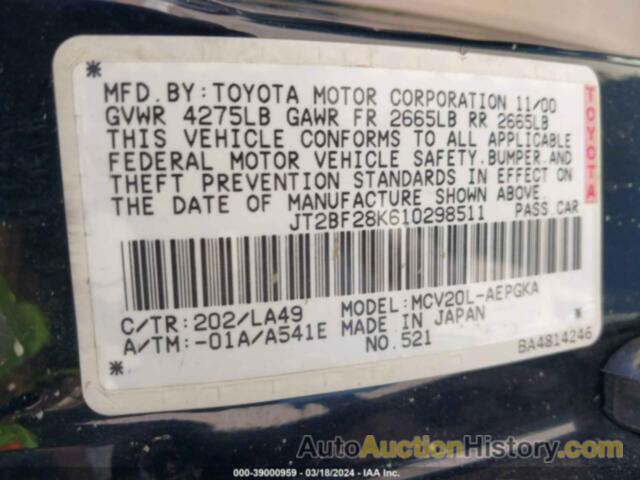 TOYOTA CAMRY XLE V6, JT2BF28K610298511