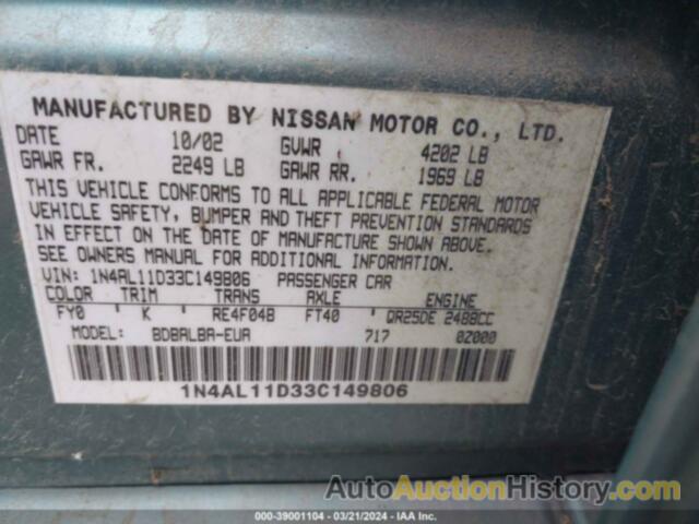 NISSAN ALTIMA 2.5 S, 1N4AL11D33C149806