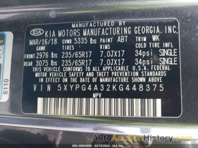 KIA SORENTO 2.4L LX, 5XYPG4A32KG448375