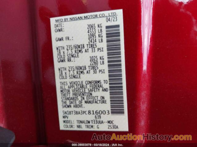 NISSAN ROGUE SV FWD, 5N1BT3BA3PC816003