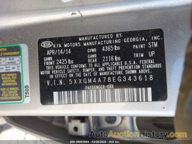 KIA OPTIMA LX, 5XXGM4A78EG343618