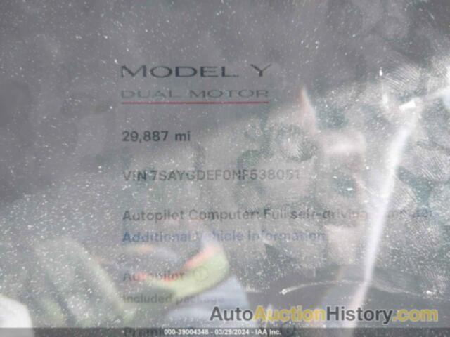 TESLA MODEL Y PERFORMANCE DUAL MOTOR ALL-WHEEL DRIVE, 7SAYGDEF0NF538051