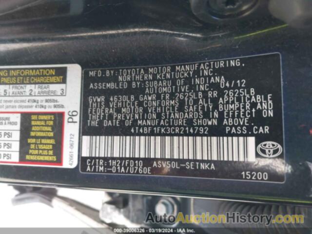 TOYOTA CAMRY LE, 4T4BF1FK3CR214792