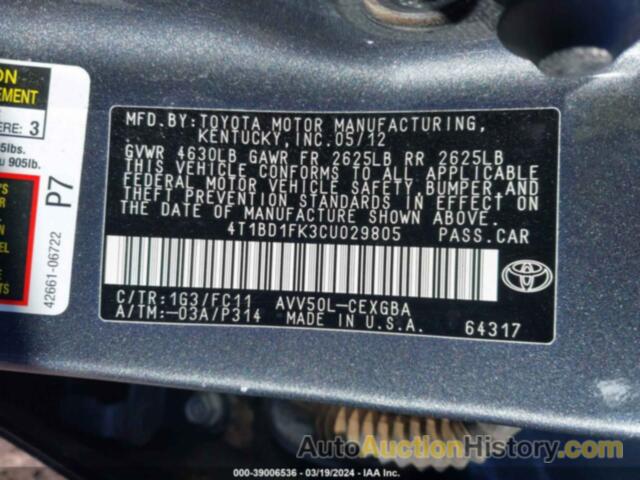 TOYOTA CAMRY HYBRID/LE/XLE, 4T1BD1FK3CU029805