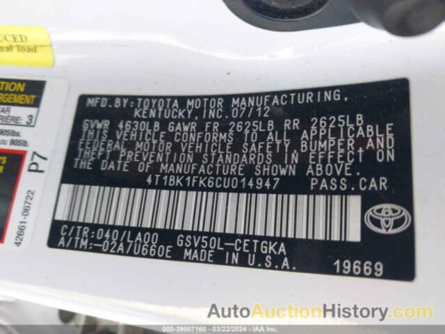 TOYOTA CAMRY SE/XLE, 4T1BK1FK6CU014947