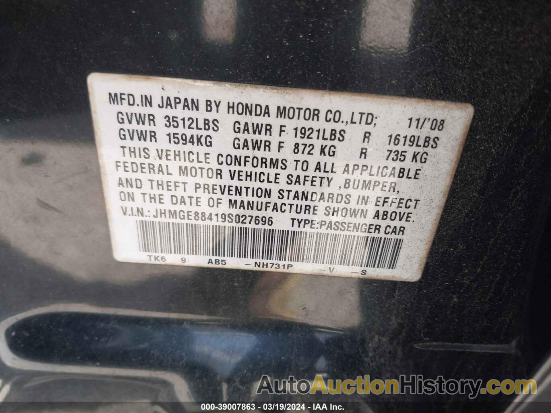 HONDA FIT SPORT, JHMGE88419S027696