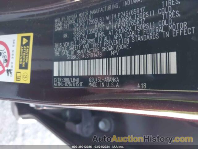 TOYOTA HIGHLANDER SE V6, 5TDBK3EH4CS101479