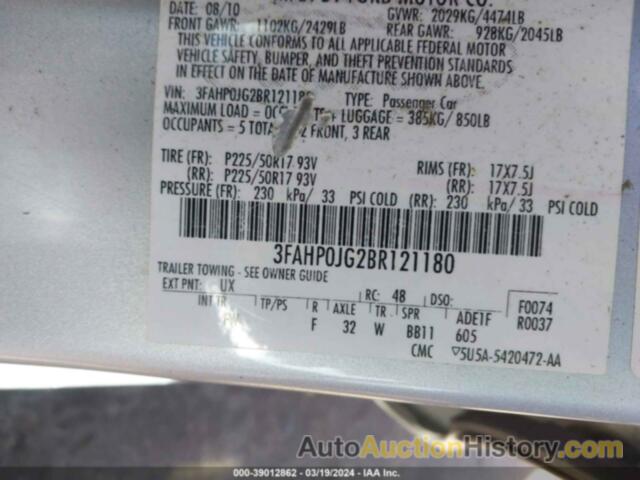 FORD FUSION SEL, 3FAHP0JG2BR121180