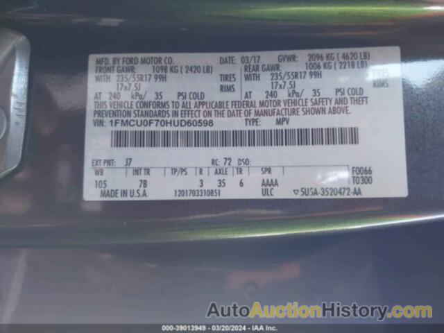 FORD ESCAPE S, 1FMCU0F70HUD60598