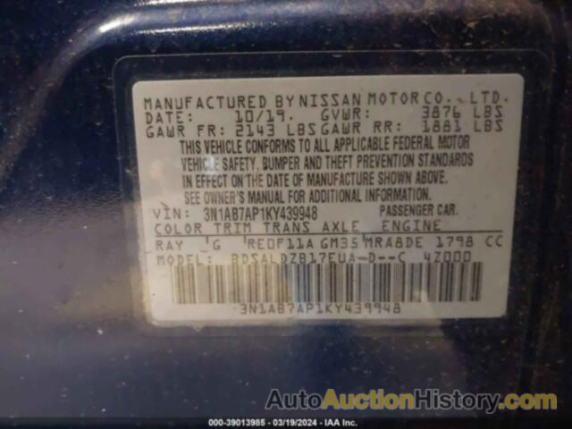 NISSAN SENTRA SV, 3N1AB7AP1KY439948