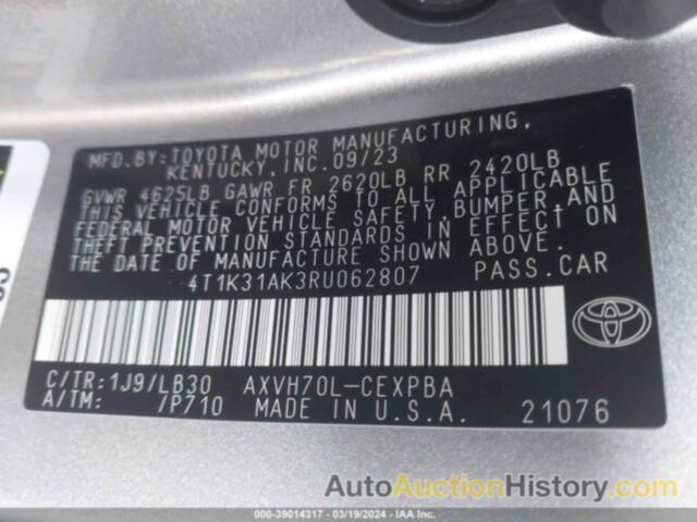 TOYOTA CAMRY HYBRID XSE, 4T1K31AK3RU062807