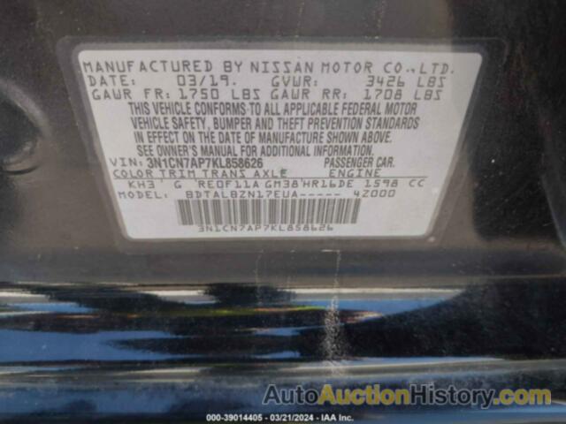 NISSAN VERSA 1.6 SV, 3N1CN7AP7KL858626