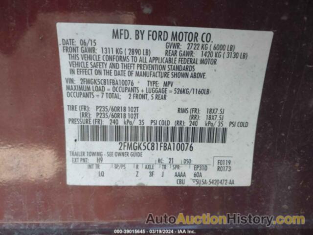 FORD FLEX SEL, 2FMGK5C81FBA10076