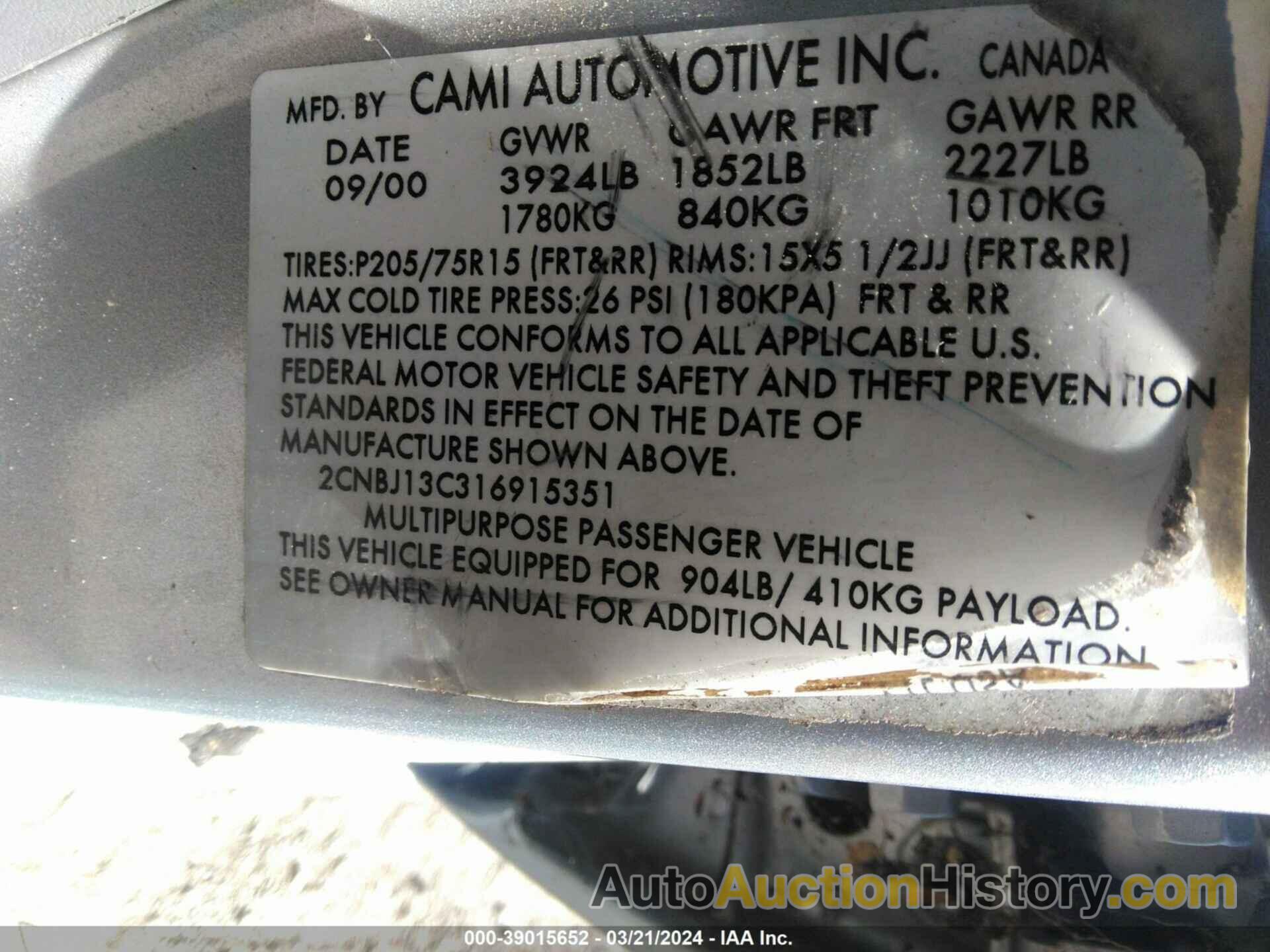 CHEVROLET TRACKER HARD TOP BASE, 2CNBJ13C316915351