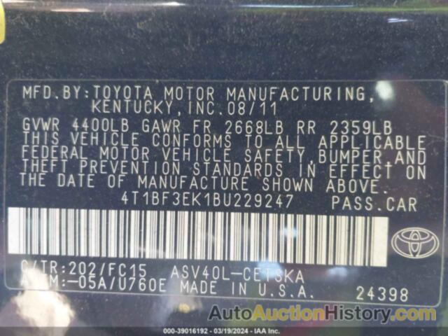 TOYOTA CAMRY SE, 4T1BF3EK1BU229247