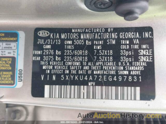 KIA SORENTO EX V6, 5XYKU4A72EG497831