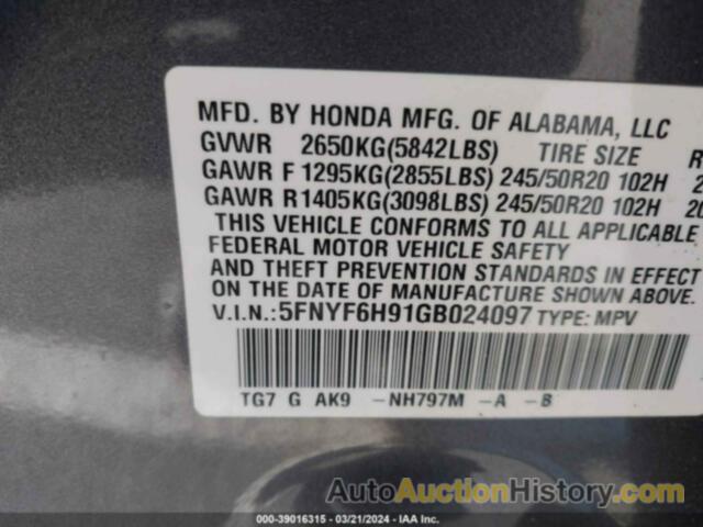 HONDA PILOT TOURING, 5FNYF6H91GB024097