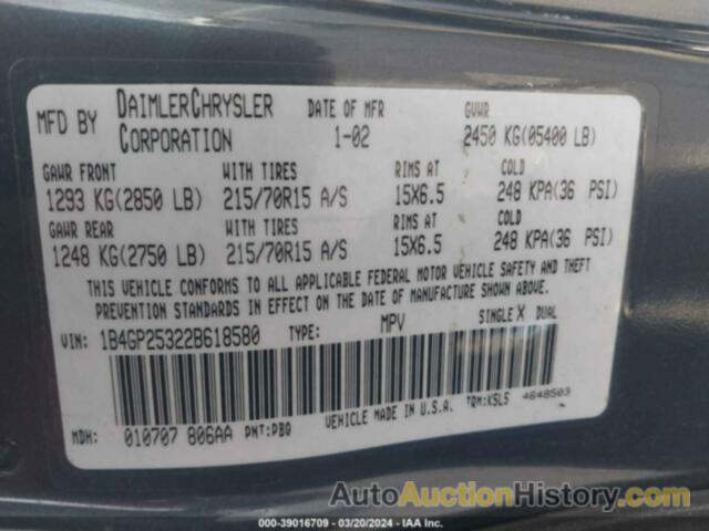 DODGE CARAVAN SE, 1B4GP25322B618580