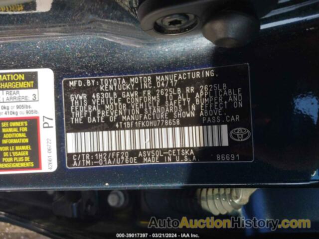 TOYOTA CAMRY SE, 4T1BF1FK0HU778658