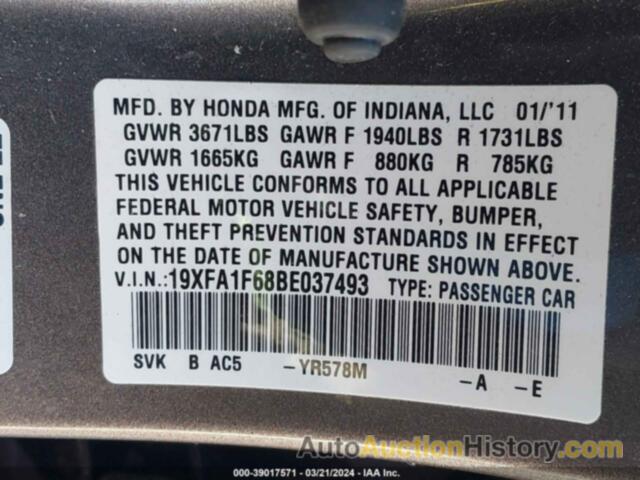 HONDA CIVIC SDN LX-S, 19XFA1F68BE037493