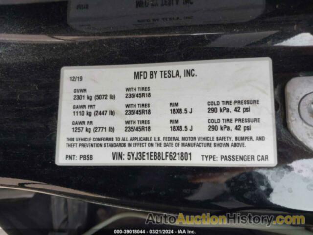 TESLA MODEL 3 LONG RANGE DUAL MOTOR ALL-WHEEL DRIVE, 5YJ3E1EB8LF621801