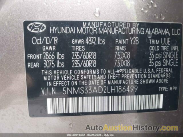 HYUNDAI SANTA FE SEL, 5NMS33AD2LH186499