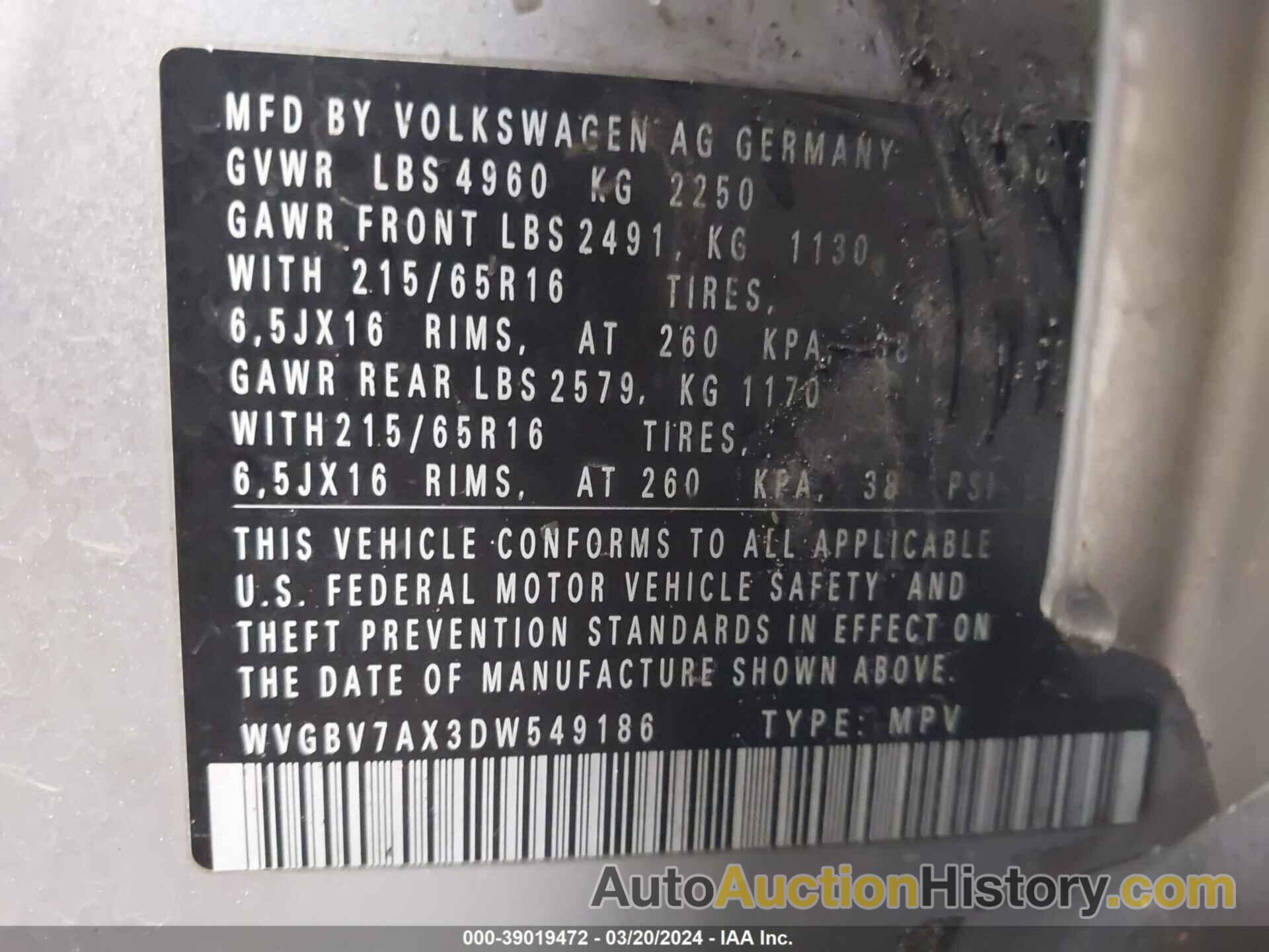 VOLKSWAGEN TIGUAN S, WVGBV7AX3DW549186