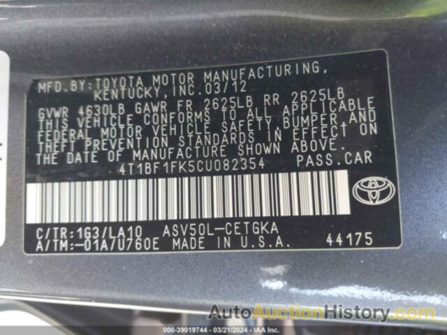 TOYOTA CAMRY XLE, 4T1BF1FK5CU082354