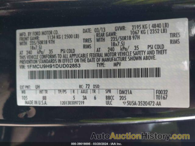 FORD ESCAPE SEL, 1FMCU9H91DUD02853