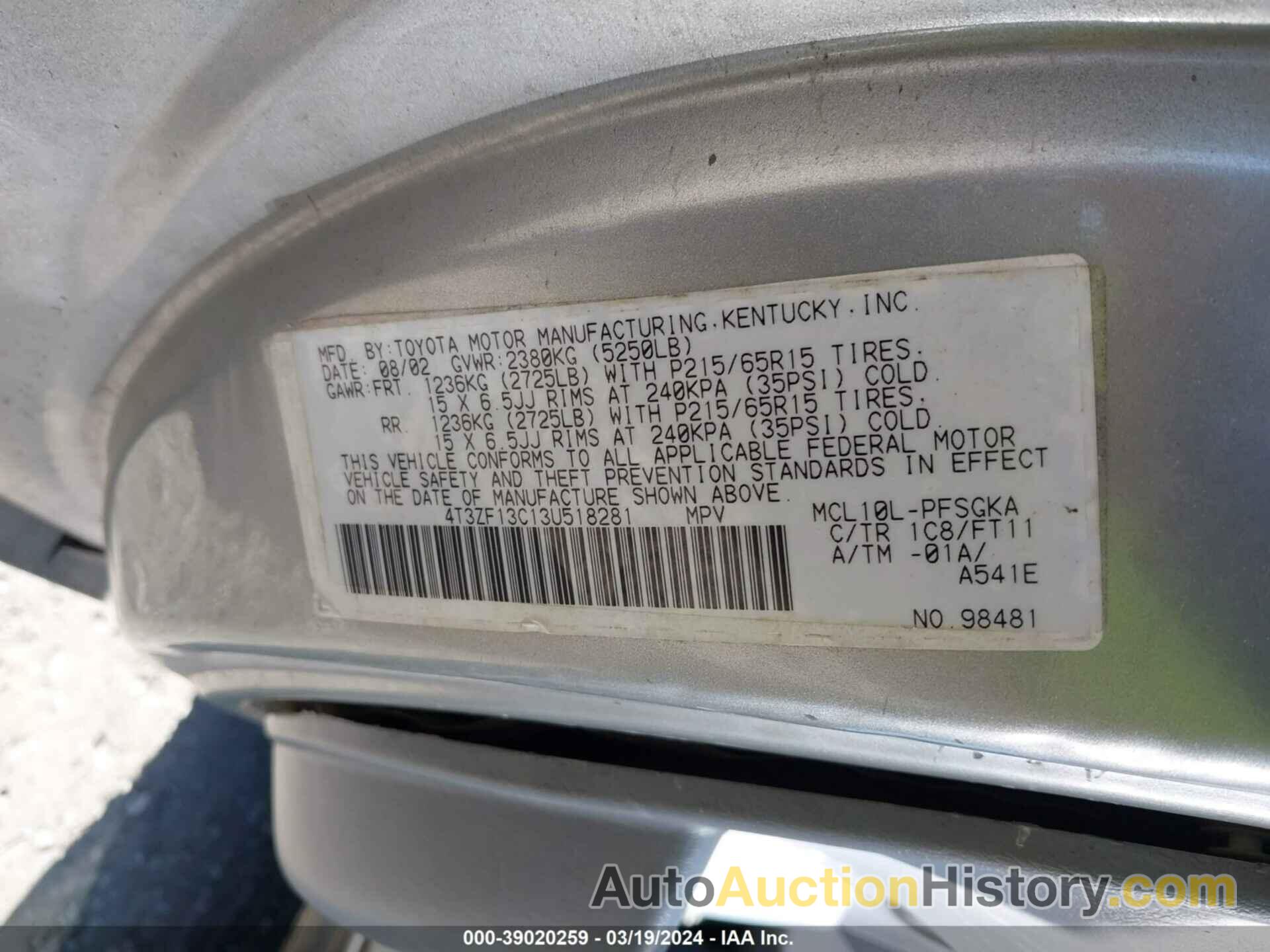 TOYOTA SIENNA LE, 4T3ZF13C13U518281