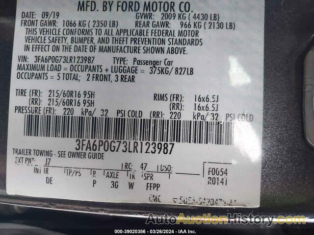 FORD FUSION S, 3FA6P0G73LR123987