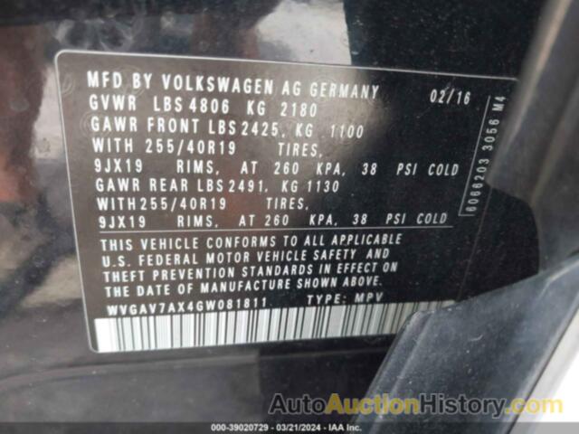 VOLKSWAGEN TIGUAN S/SE/SEL/R-LINE, WVGAV7AX4GW081811