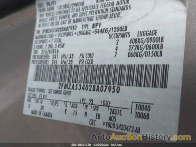 FORD WINDSTAR SEL, 2FMZA53402BA07950